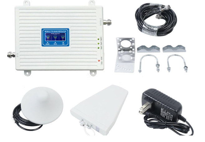 Complete mobile signal booster kit with repeater, antennas, cables and power adapter